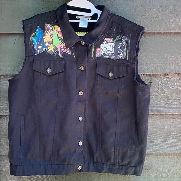 Jane Elissa unique cut off sleeves Patch vest black denim jacket size xl - Picture 1 of 12